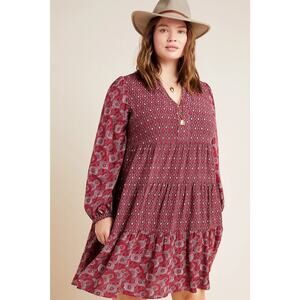 Anthropologie Maeve Amber Tiered Tunic Plus 1X Mauve Red Pink Dress Boho V-Neck